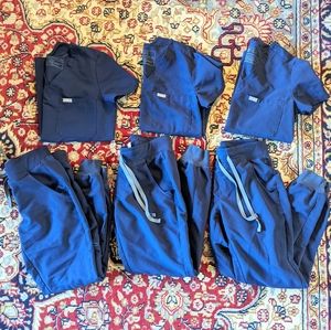 3 Pairs Figs Navy Scrubs XXS Catarina Tops + Petite Zamora Scrub Pants Bottoms